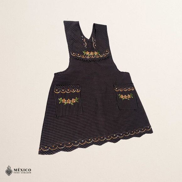 Brown Mexican Embroidered Apron – Essential Cotton Kitchen Apron Floral Design - Picture 6 of 9